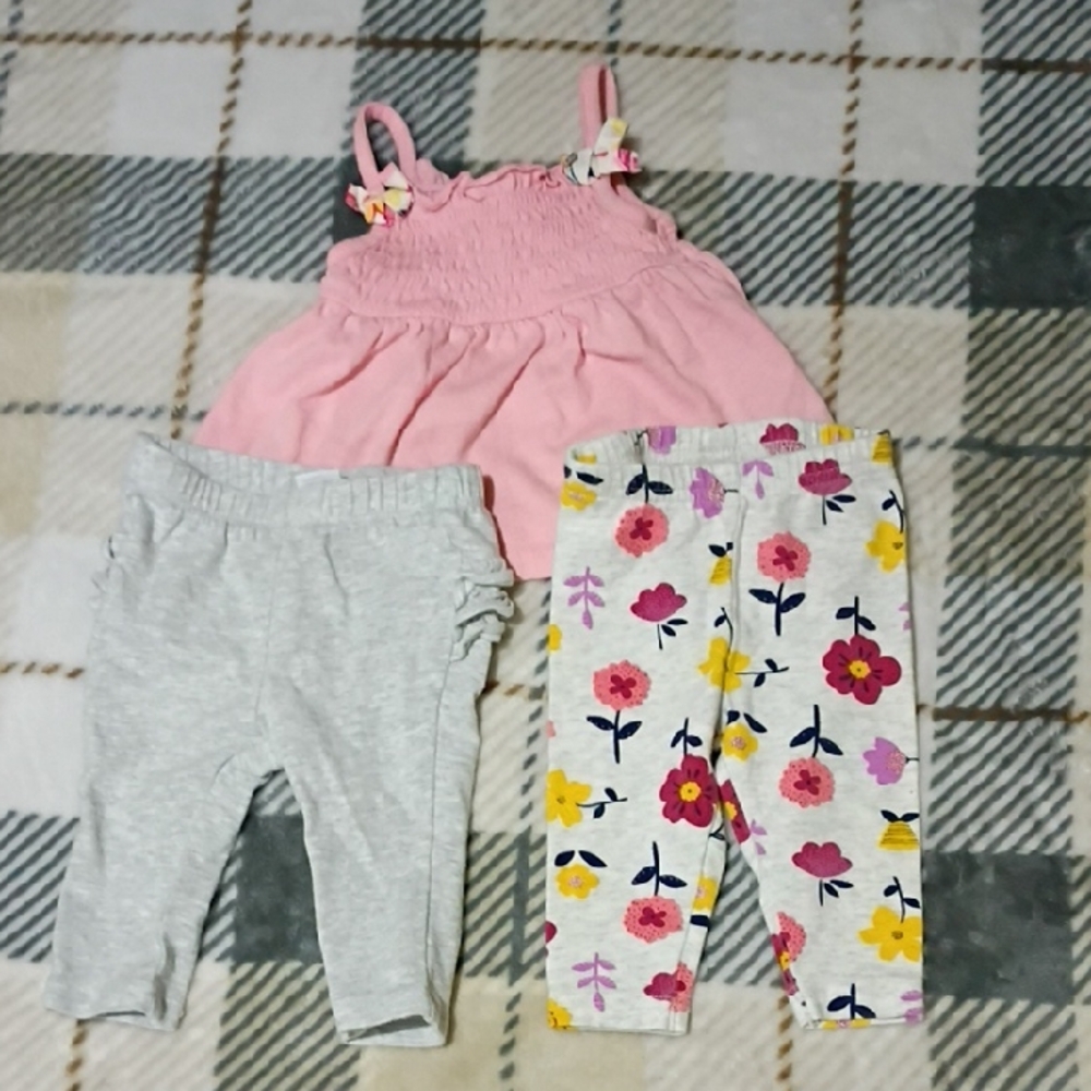 Pink Ruffle Tank Top with Floral & Gray Leggings Set